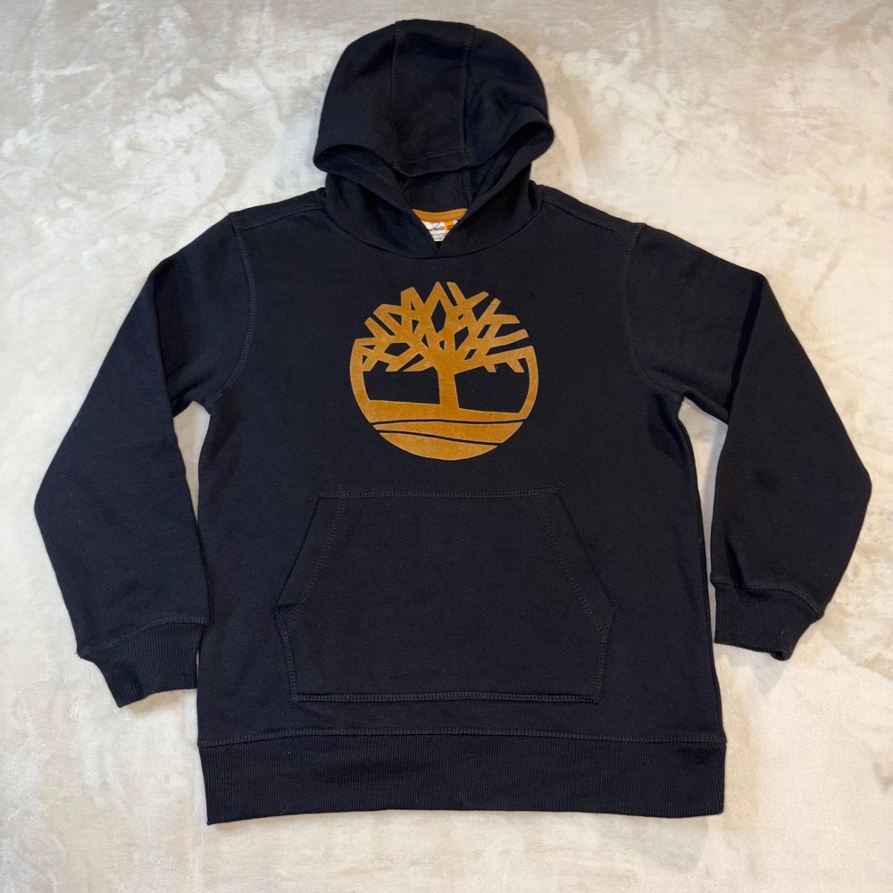 Timberland Kids Black Flocked Tree Logo Hoodie TLFFB26F-001 Size M 10/12